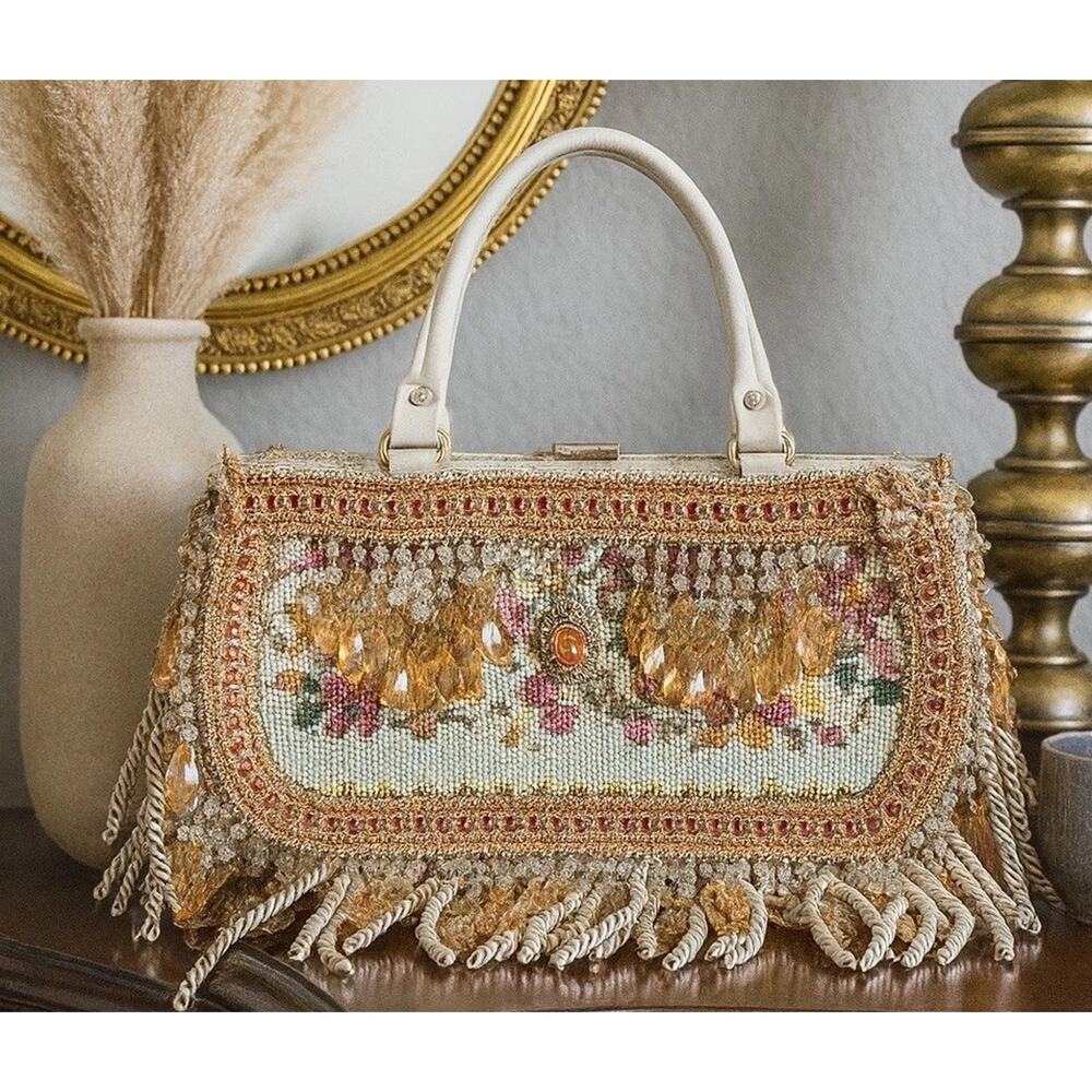 Vtg Victorian Purse Floral Embroidered Tapestry Needlepoint Bronze Blue Stones